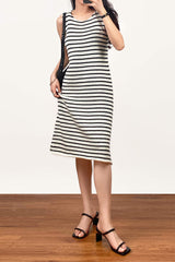 Ivory Striped Sleeveless Knit Midi Dress