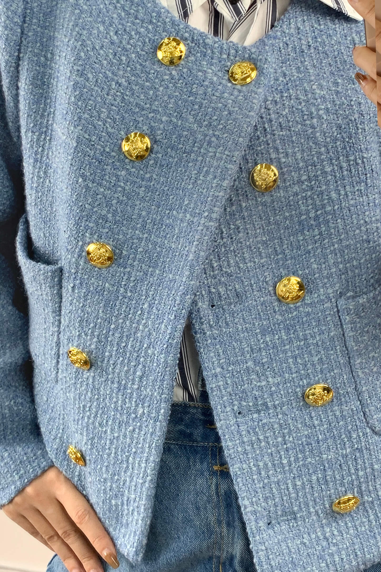 Cornflower Blue Double-Breasted Tweed Jacket With Gold Buttons