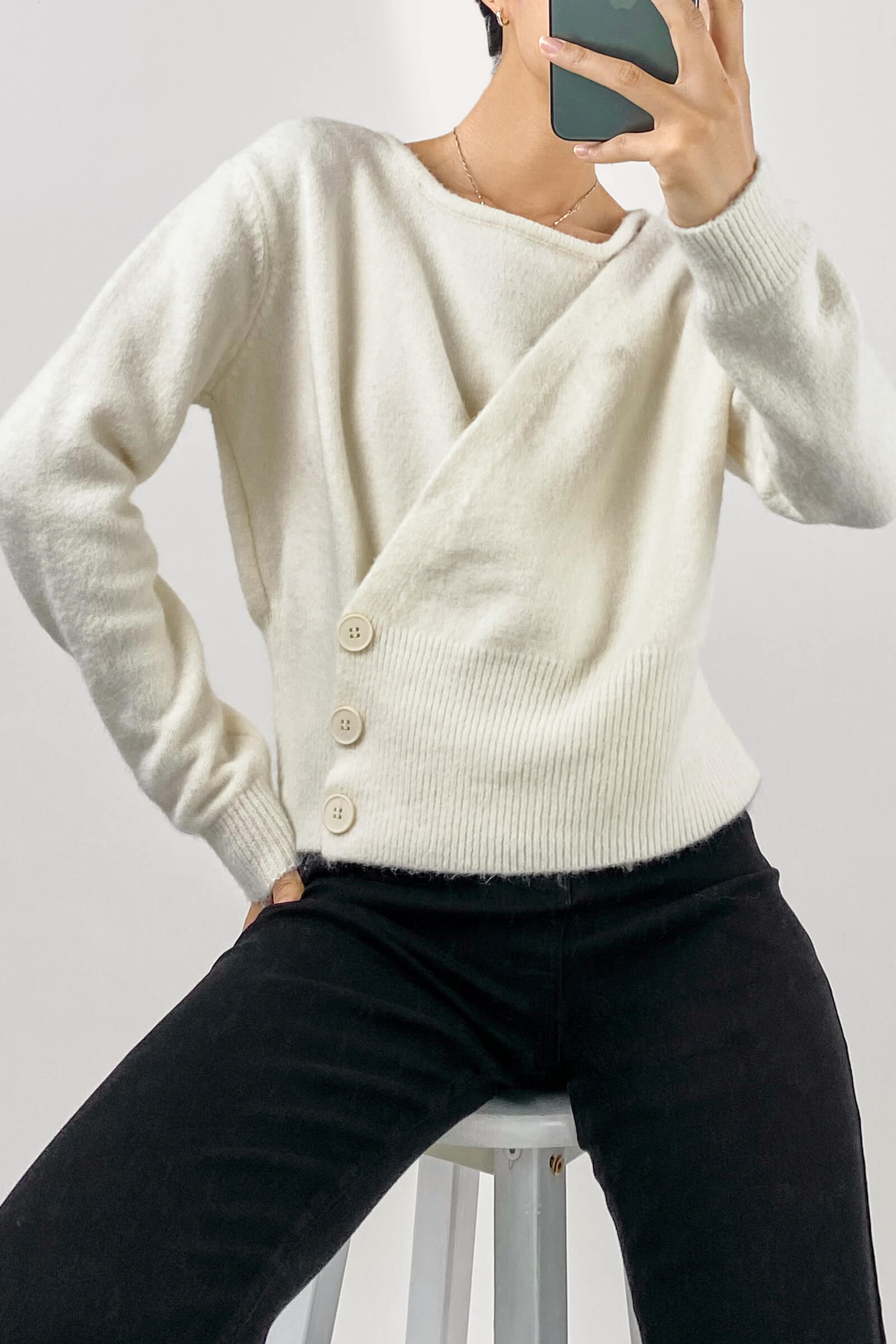 White Overlap Collar Knit Sweater