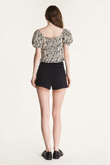 Beige Leaf Print Puff Sleeve Bow Detail Crop Top