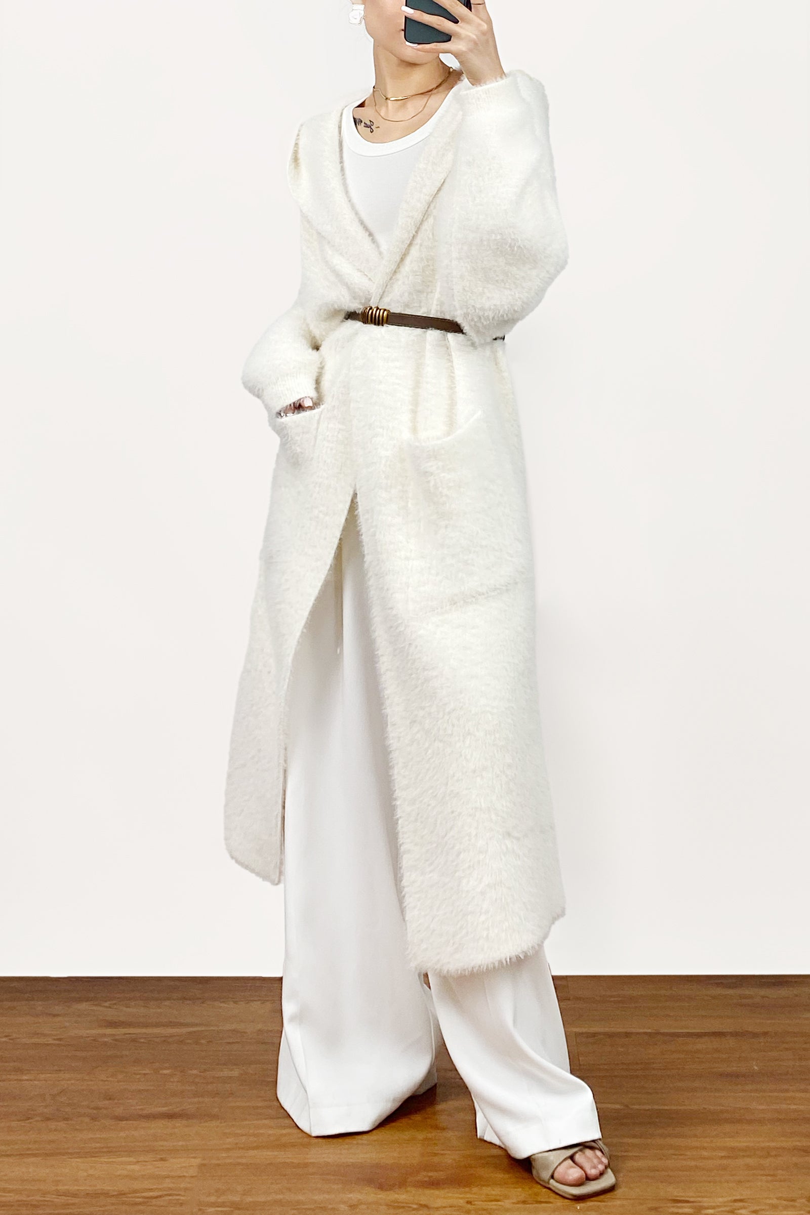 Ivory Faux Fur Open Front Hooded Long Cardigan