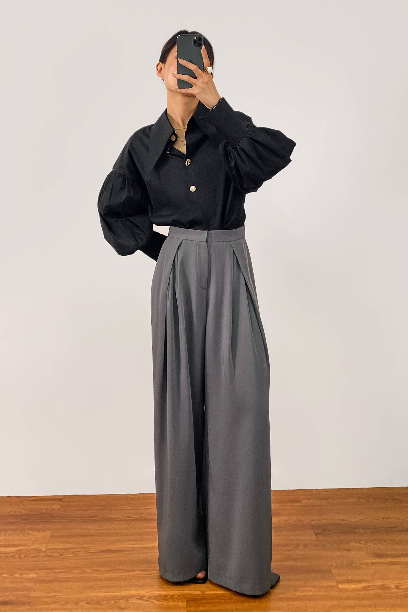 Dark Grey Pleated Wide Leg Work Pants