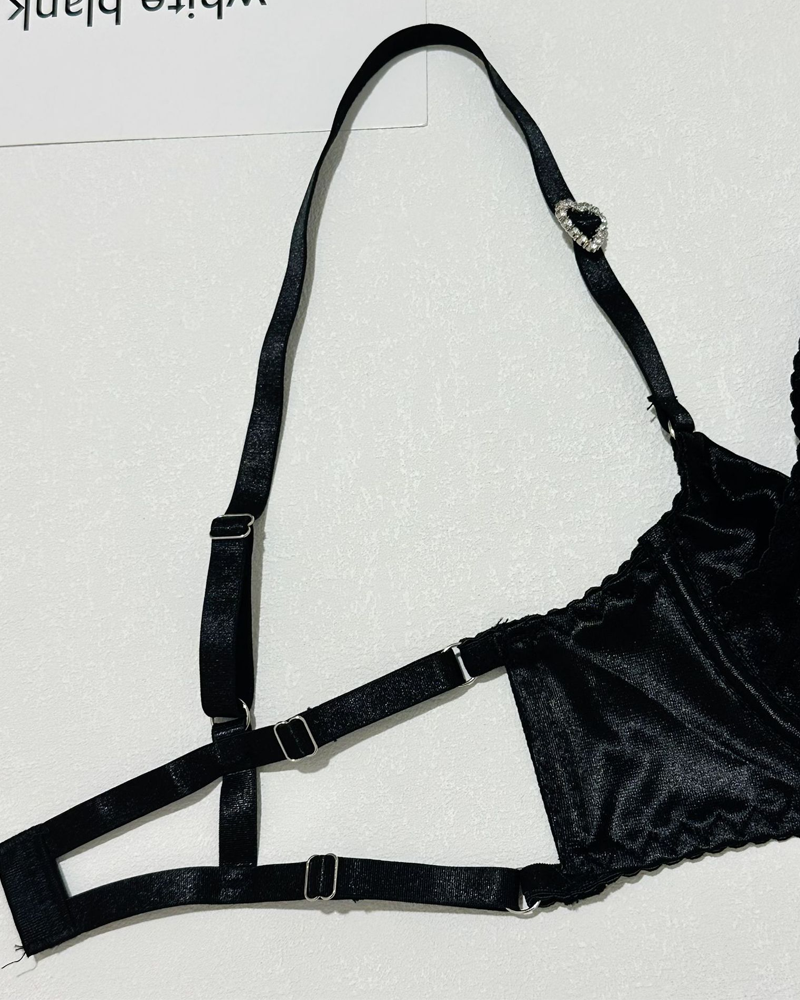 Embroidered Cutout Rhinestone Heart Halter Lingerie Set