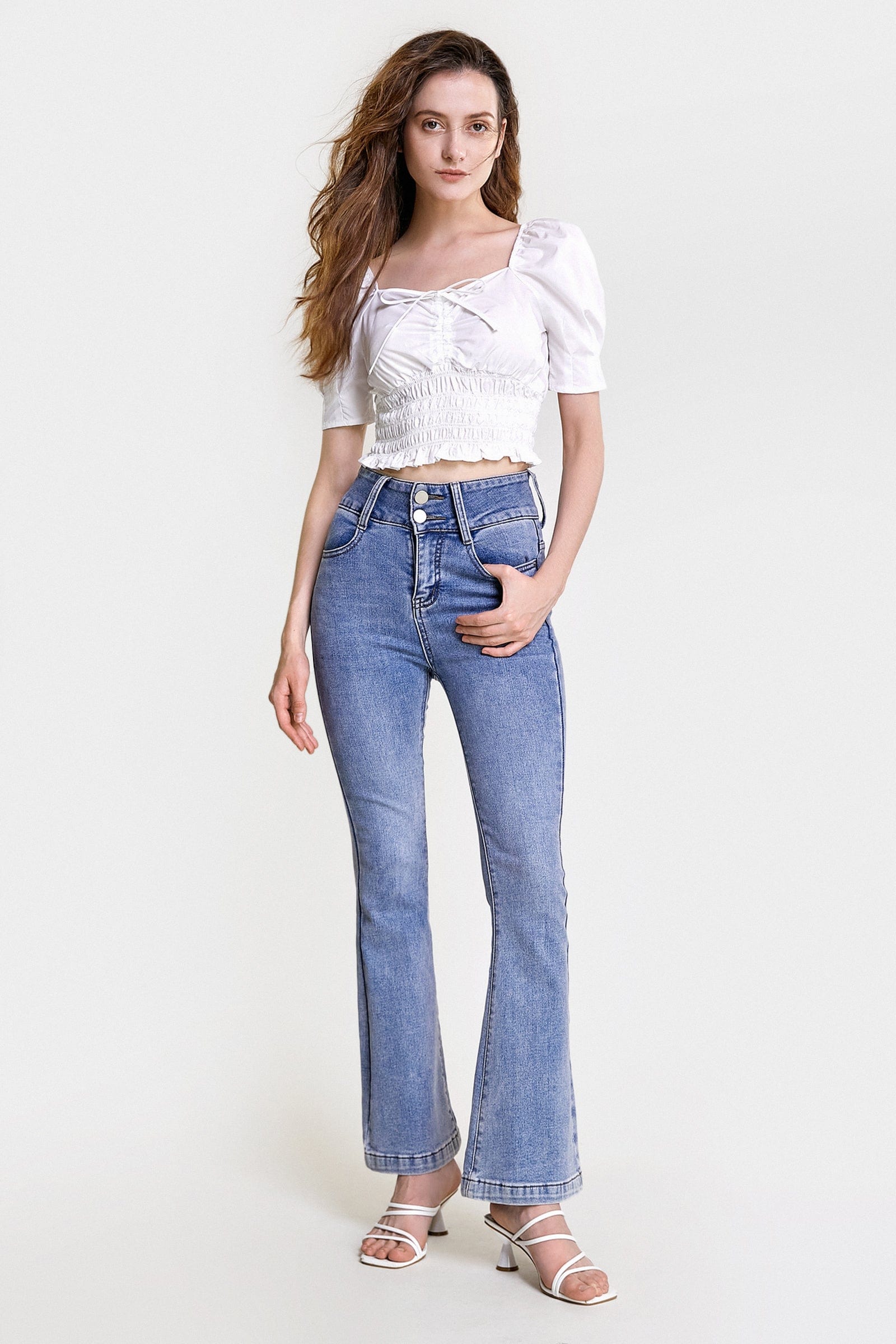 White Ruched Drawstring Smocked Cropped Blouse