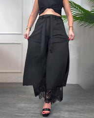 Casual Solid Color Side Slits Lace Trim Drawstring Waist Wide-leg Pants