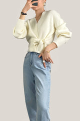 Ivory Ribbed Knit Wrap Tie Side Cardigan