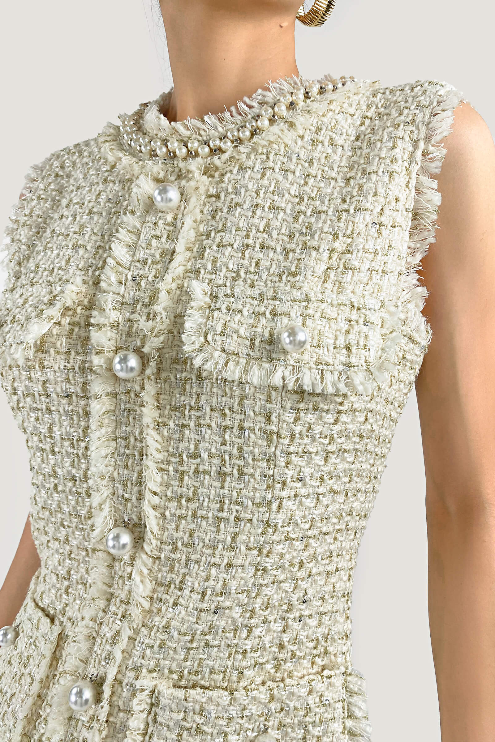 Plaid Raw Trim Tweed Sleeveless Mini Dress