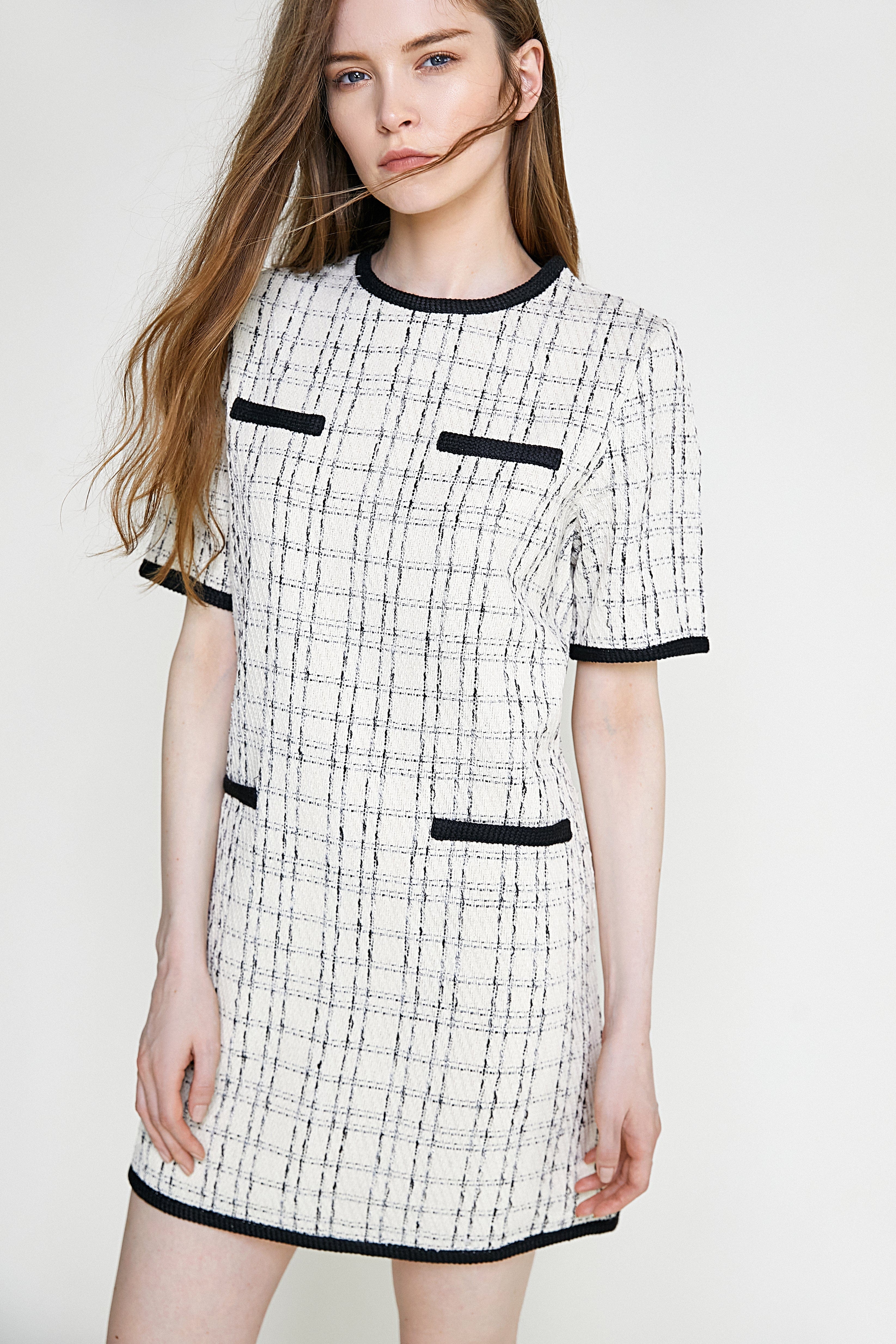 Ivory Checked Contrast Trim Tweed Mini Dress
