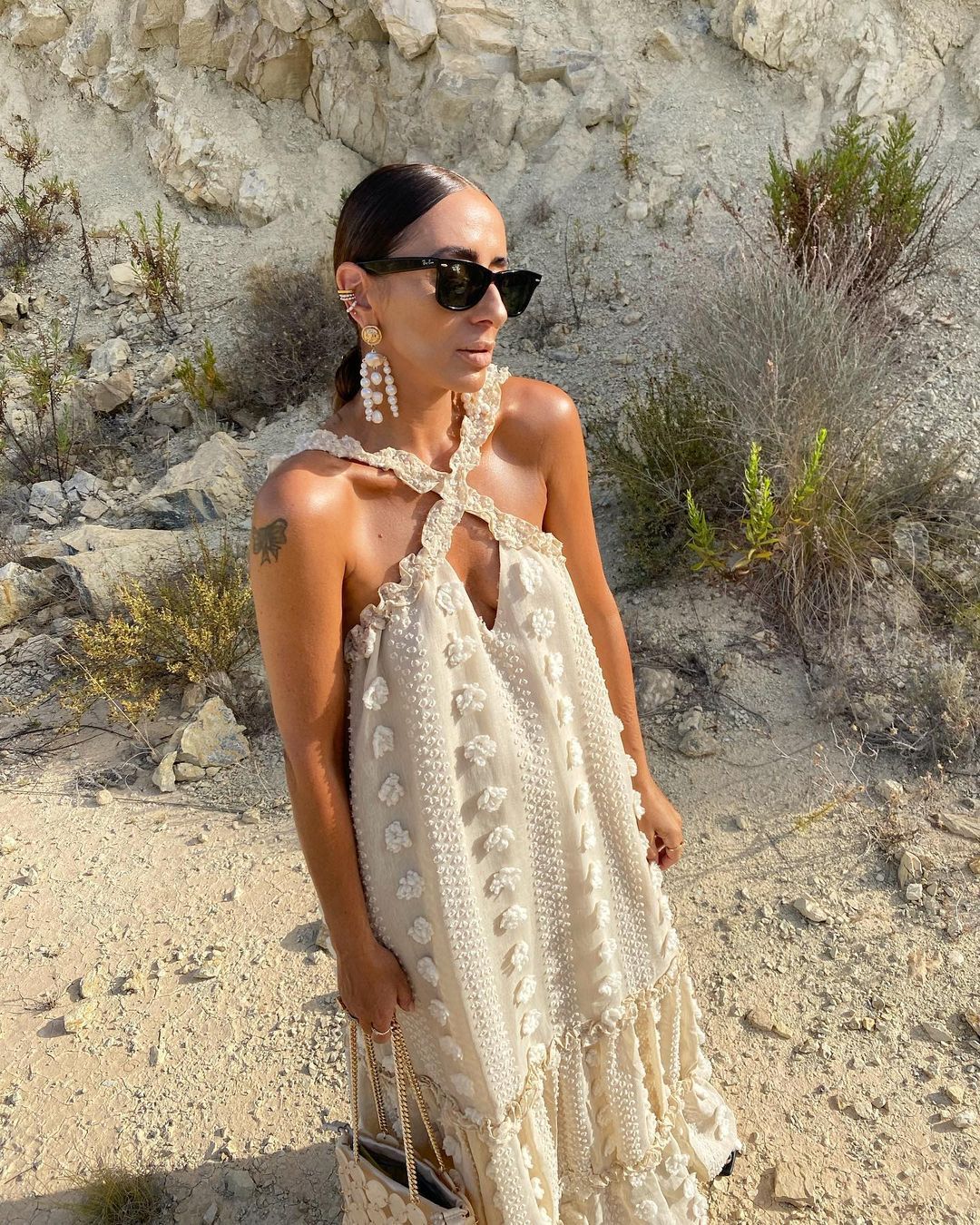 Beige Cross-Strappy Tip Floral Texture Midi Dress