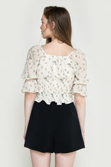 Old Lace Floral Print Bowknot Detail Zip-Up Blouse