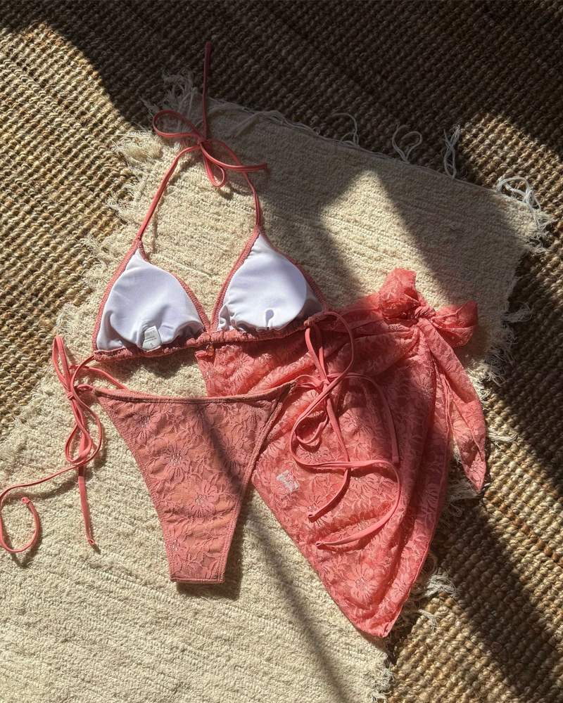 Lace Composite Fabric Mesh Bikini Set with Cover-Up Skirt
