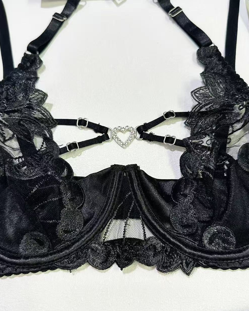Embroidered Cutout Rhinestone Heart Halter Lingerie Set