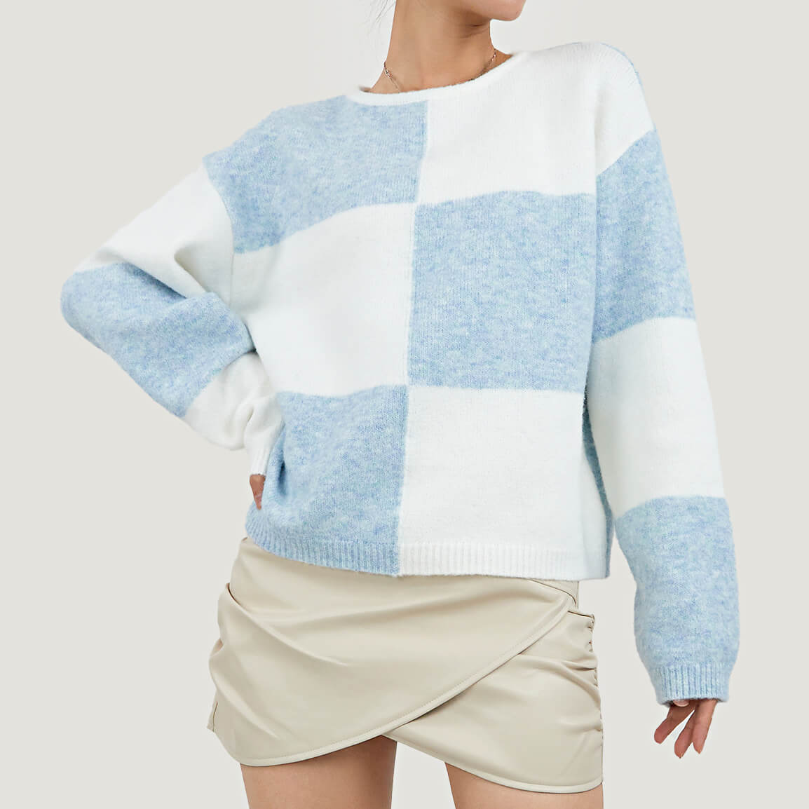 Light Sky Blue Cozy Crew Neck Plaid Sweater