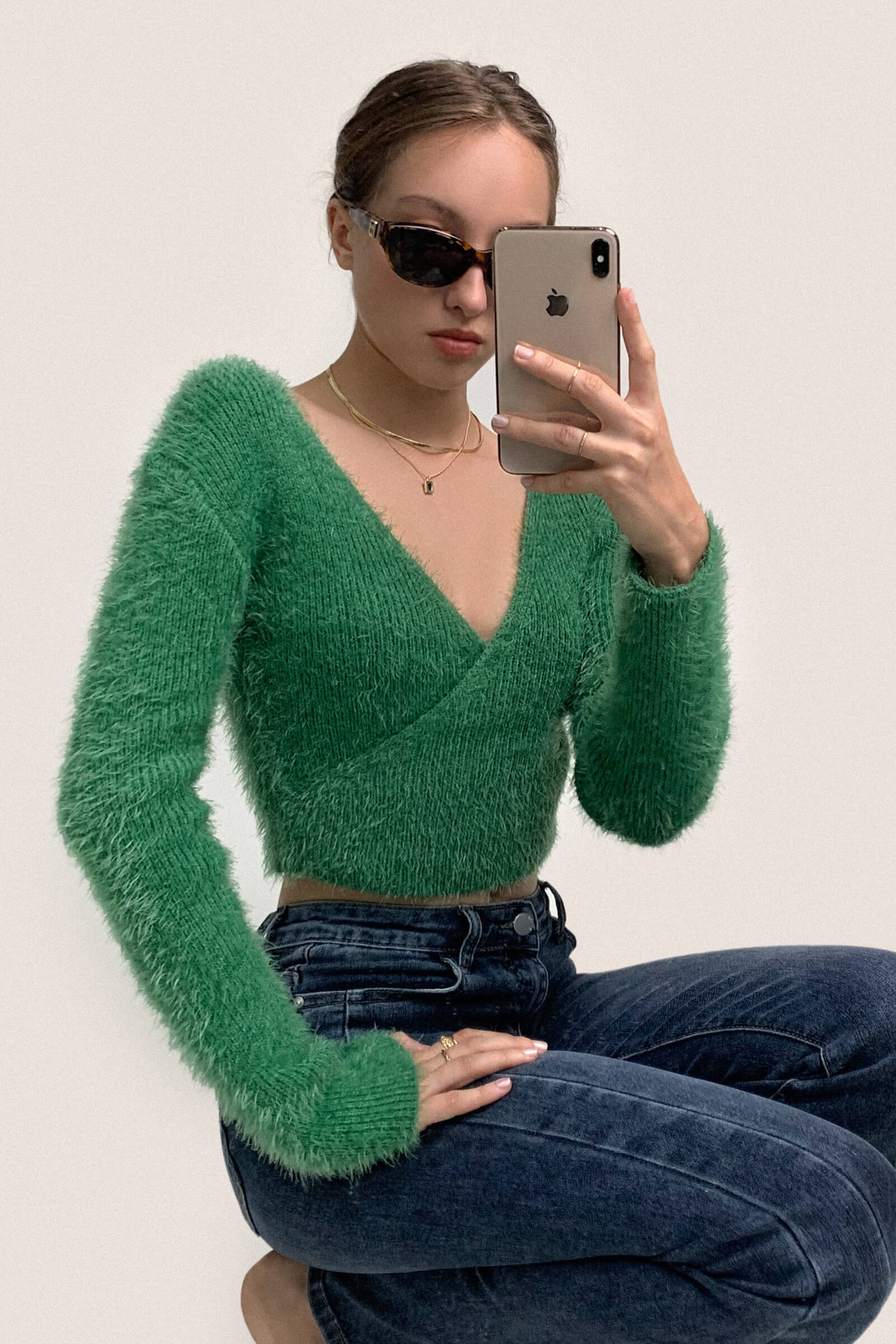 Green Mohair Fuzzy Surplice Cropped Sweater