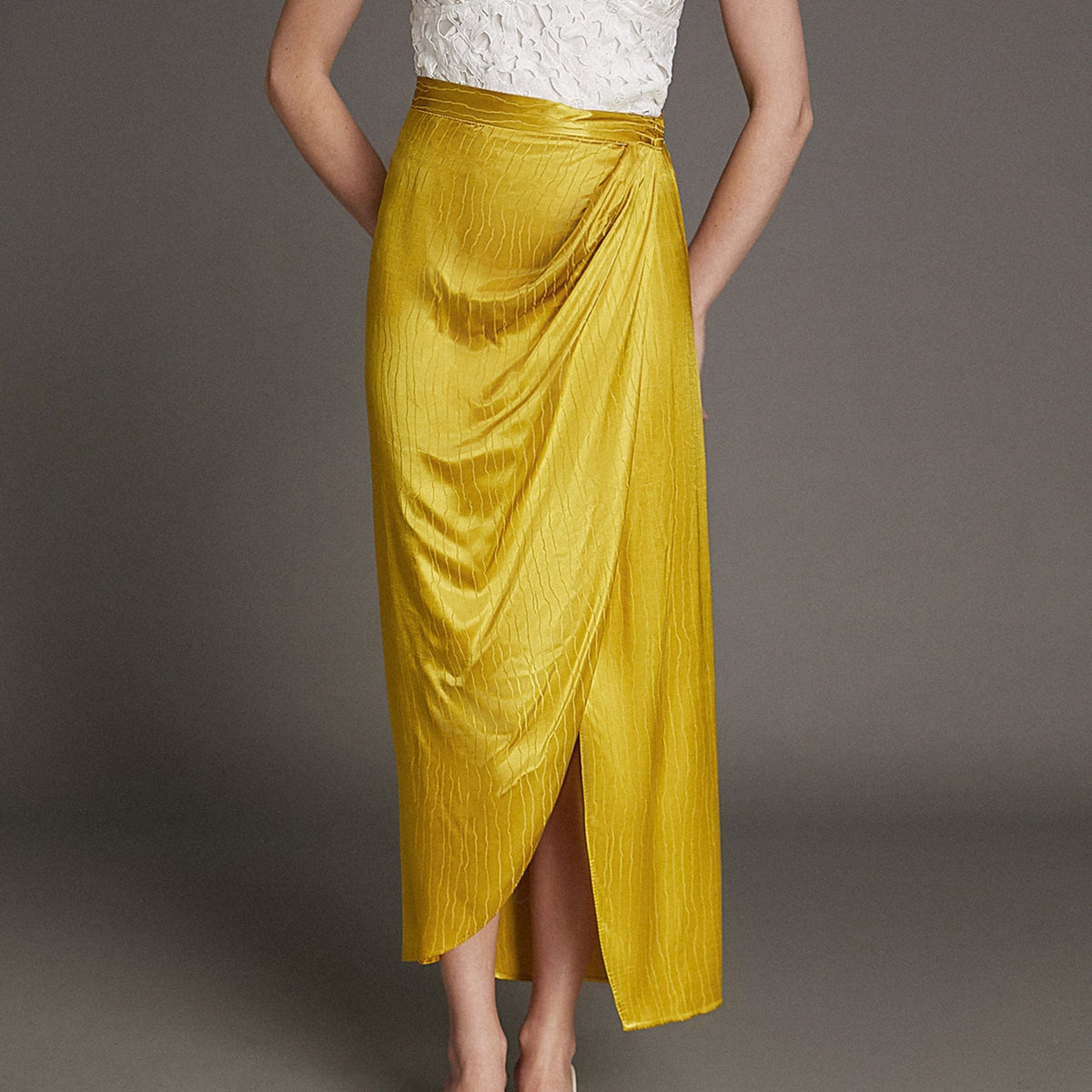 Yellow Jacquard Ruched Wrap Maxi Skirt