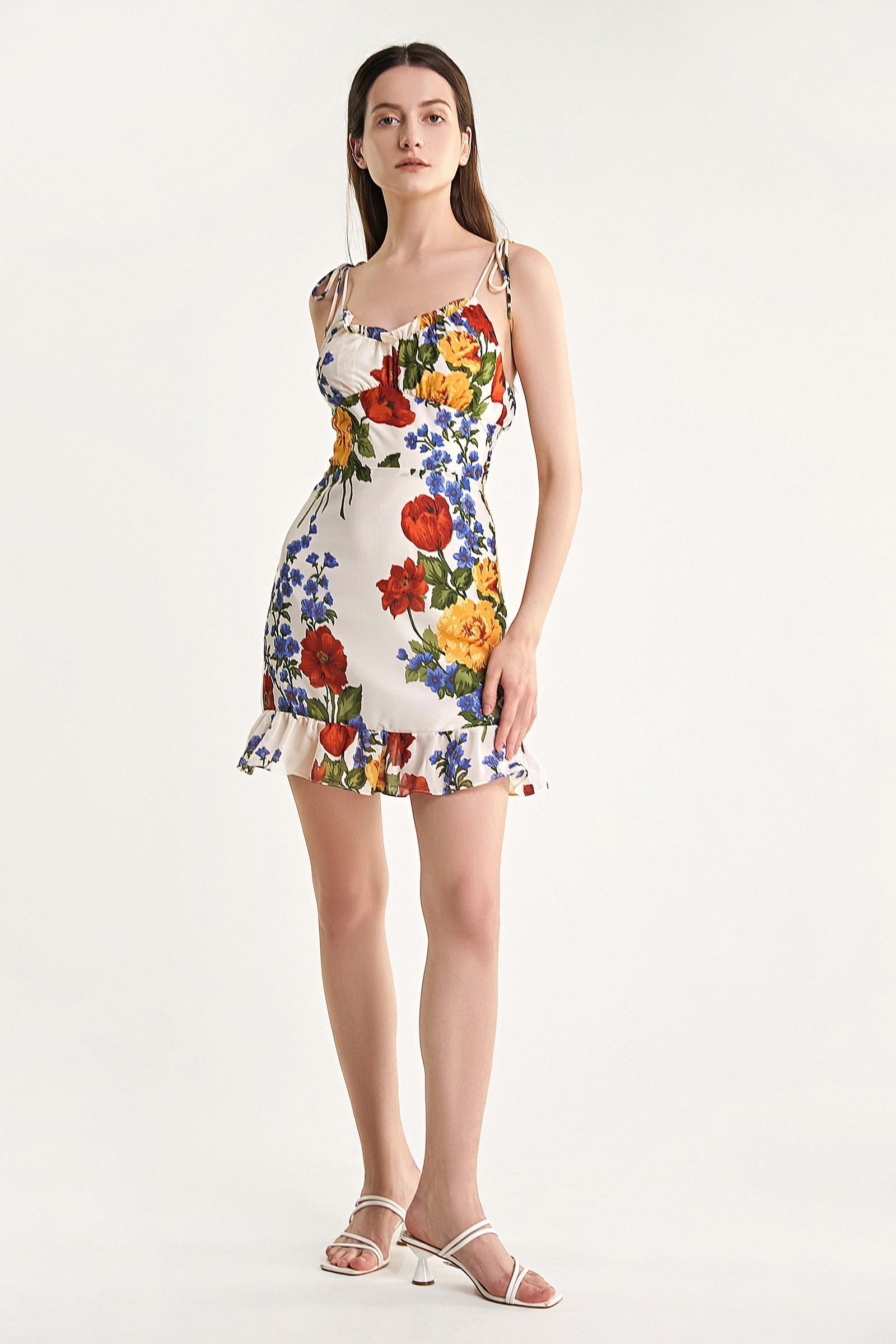Ivory Floral Print Tie Strap Ruffled Hem Mini Dress
