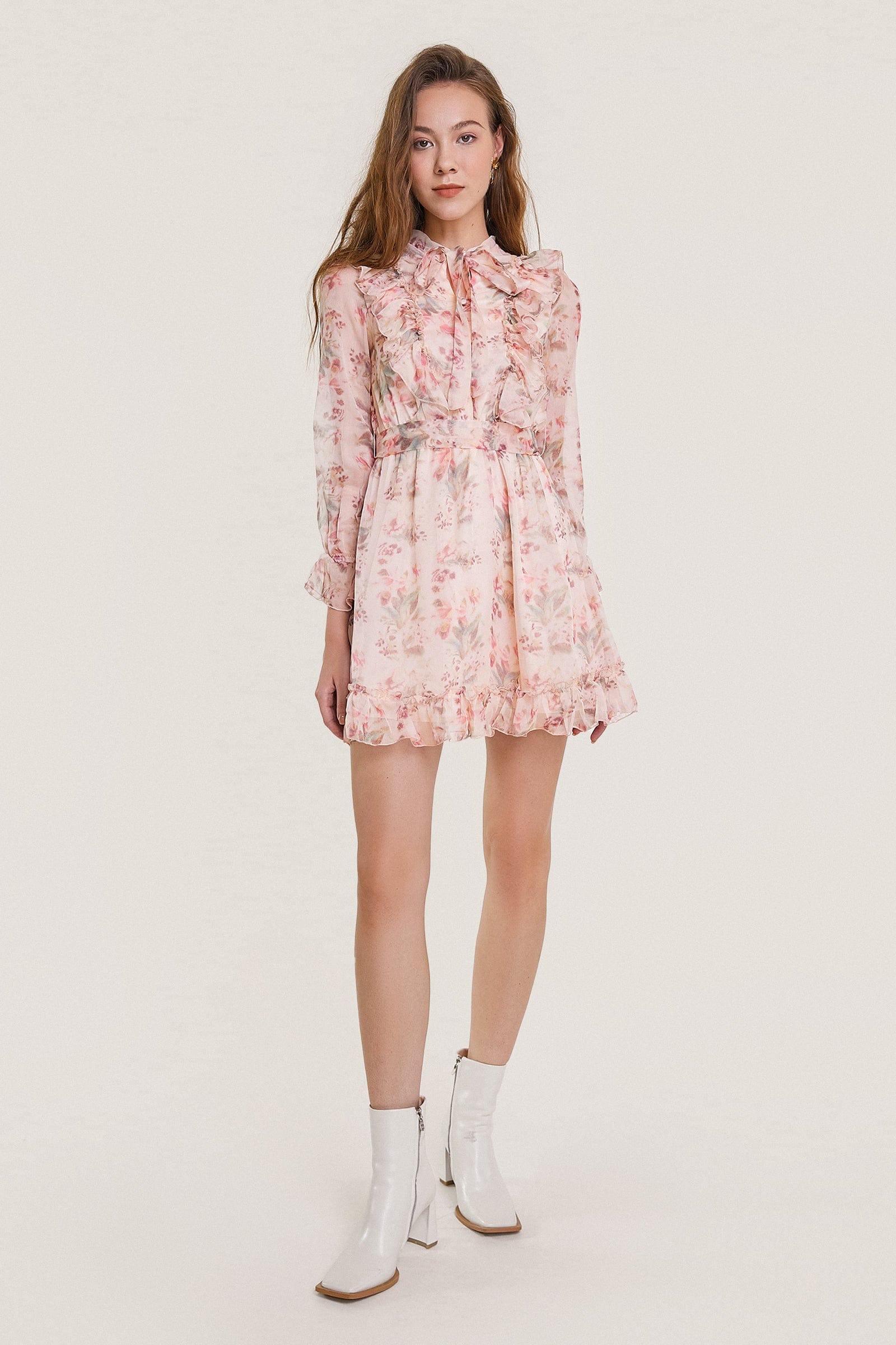 Pink Floral Print Long Sleeve Ruffled Tie Neck Chiffon Mini Dress