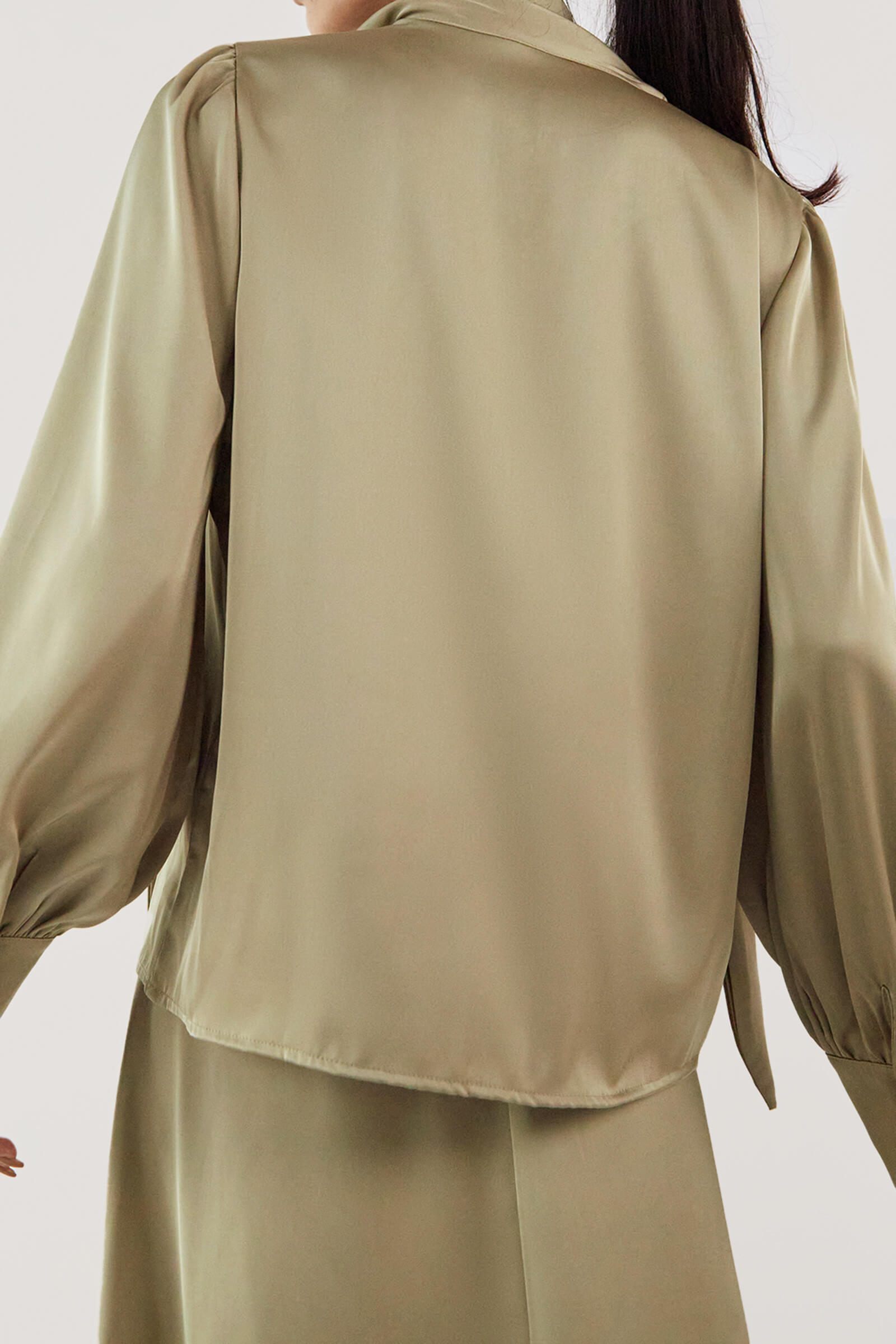 Dark Khaki Satin Ballon Sleeve Blouse