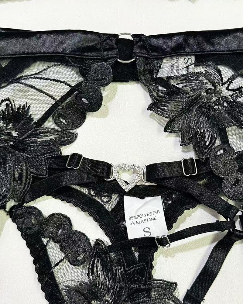 Embroidered Cutout Rhinestone Heart Halter Lingerie Set