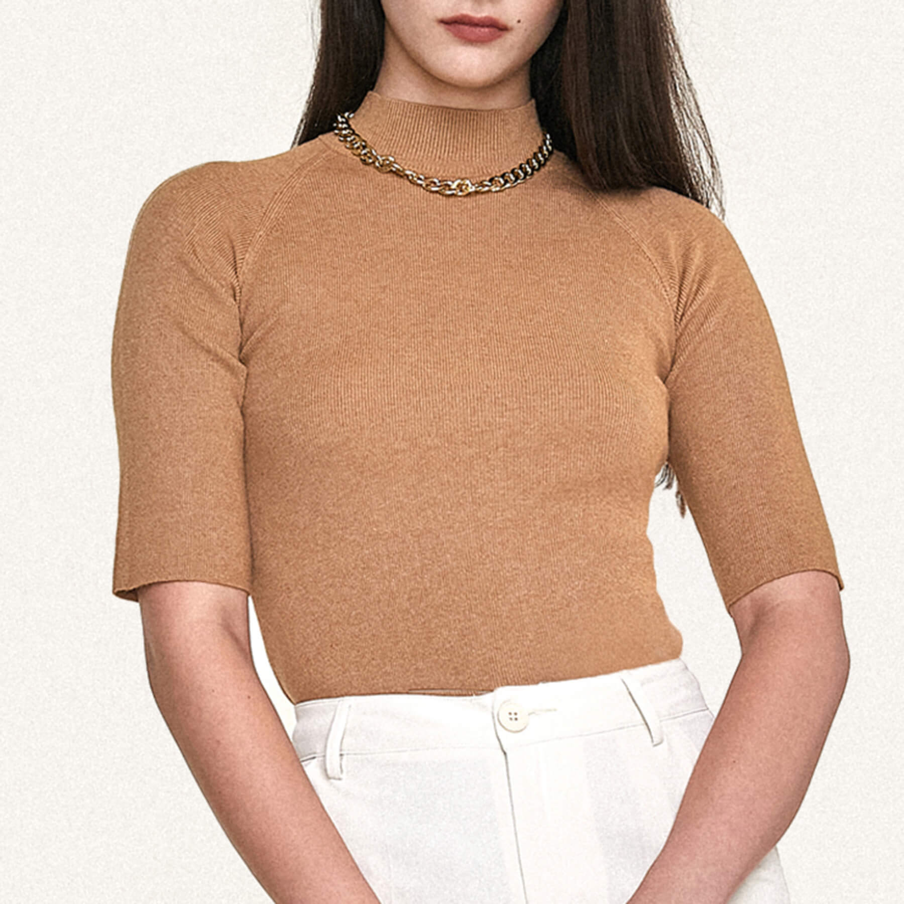 Dark Salmon Mock Neck Short Sleeve Ribbed Knit Sweater Top