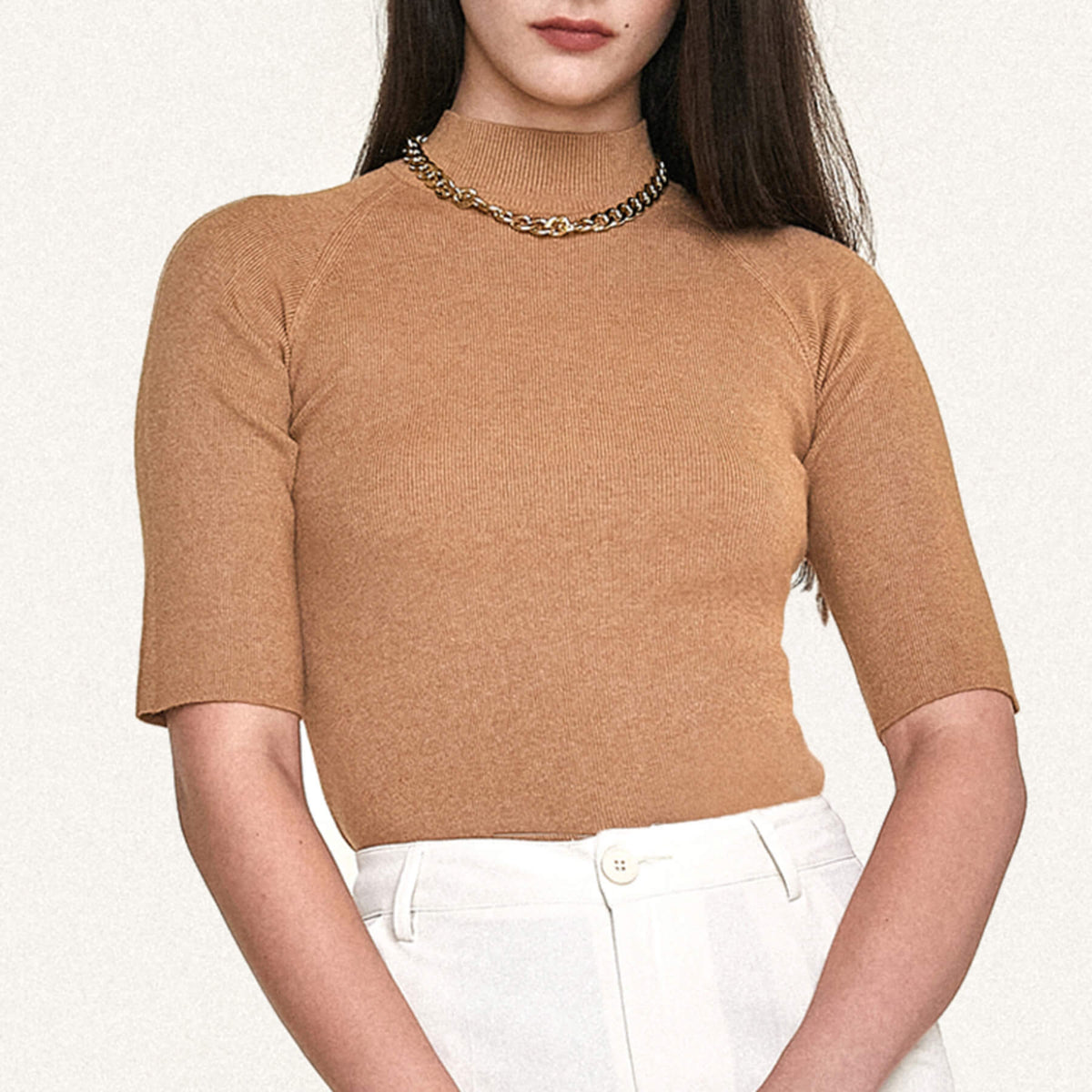 Dark Salmon Mock Neck Short Sleeve Ribbed Knit Sweater Top