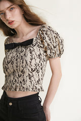 Beige Leaf Print Puff Sleeve Bow Detail Crop Top