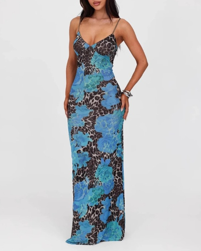 Leopard Print Contrast Color Spaghetti Strap Slim Fit Dress