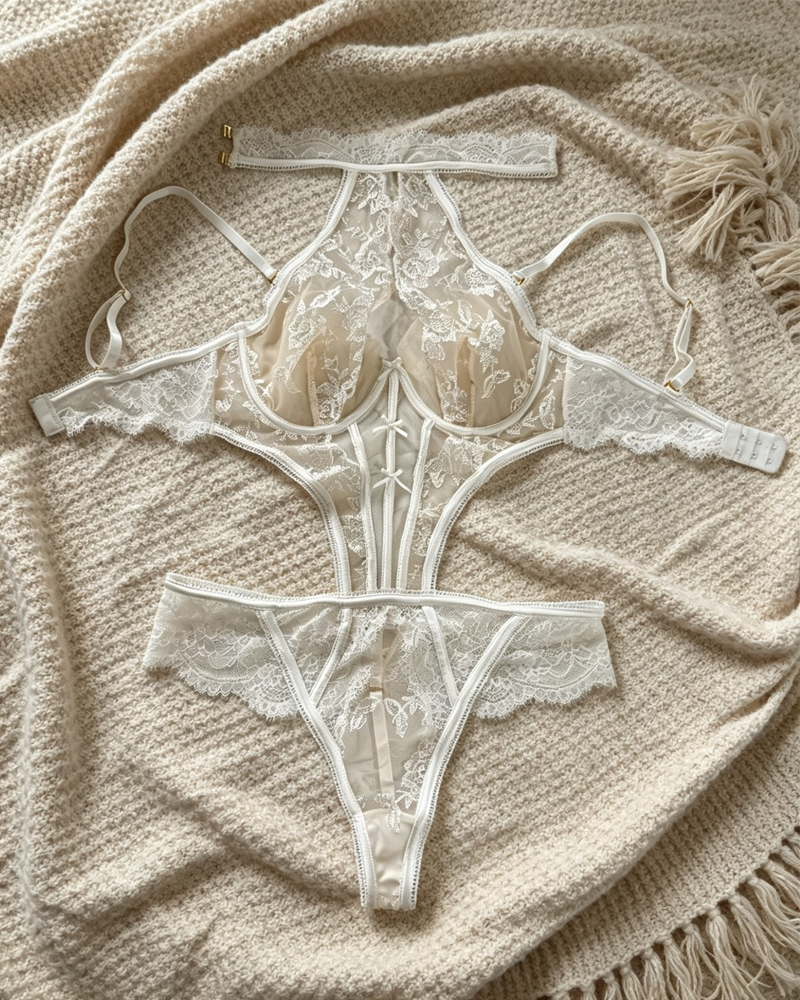 Embroidered Mesh Underwire Backless Bodysuit