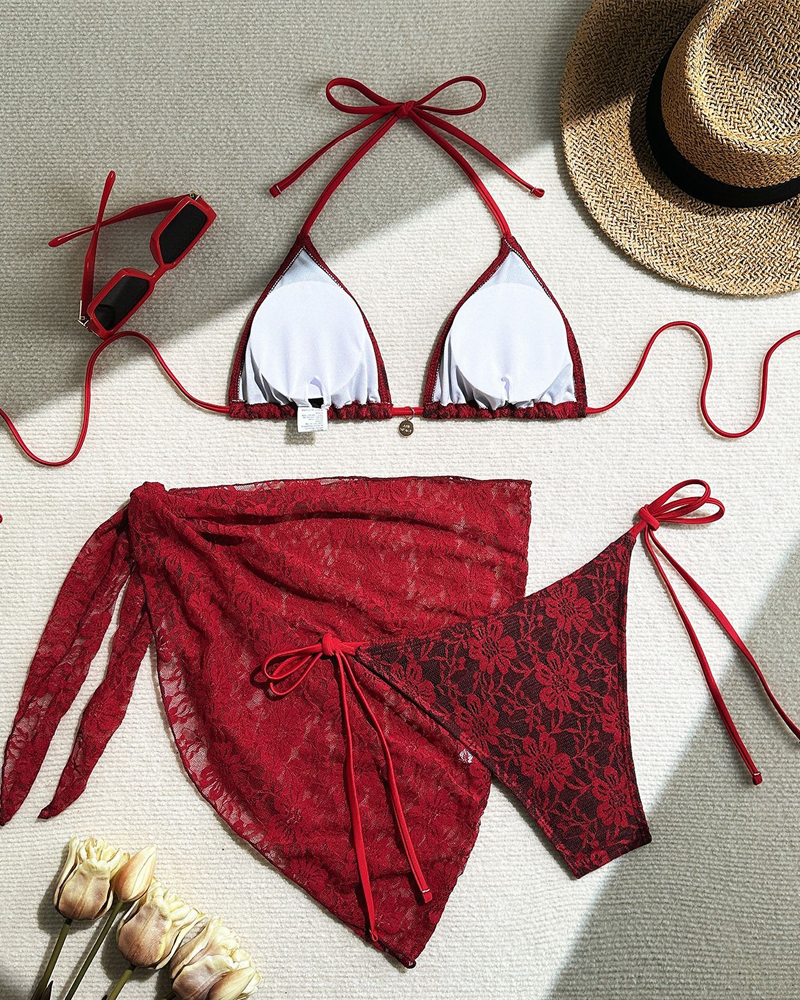 Lace Composite Fabric Mesh Bikini Set with Cover-Up Skirt