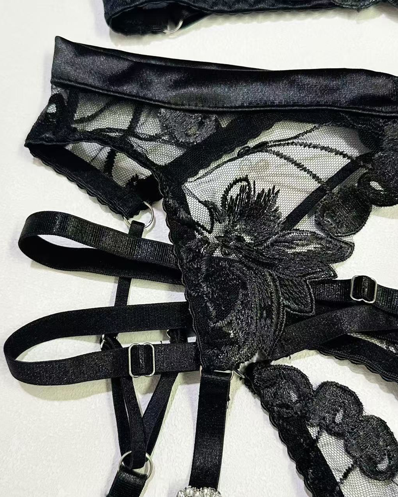 Embroidered Cutout Rhinestone Heart Halter Lingerie Set