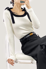 Beige Square Neck Tie Detail Sweater