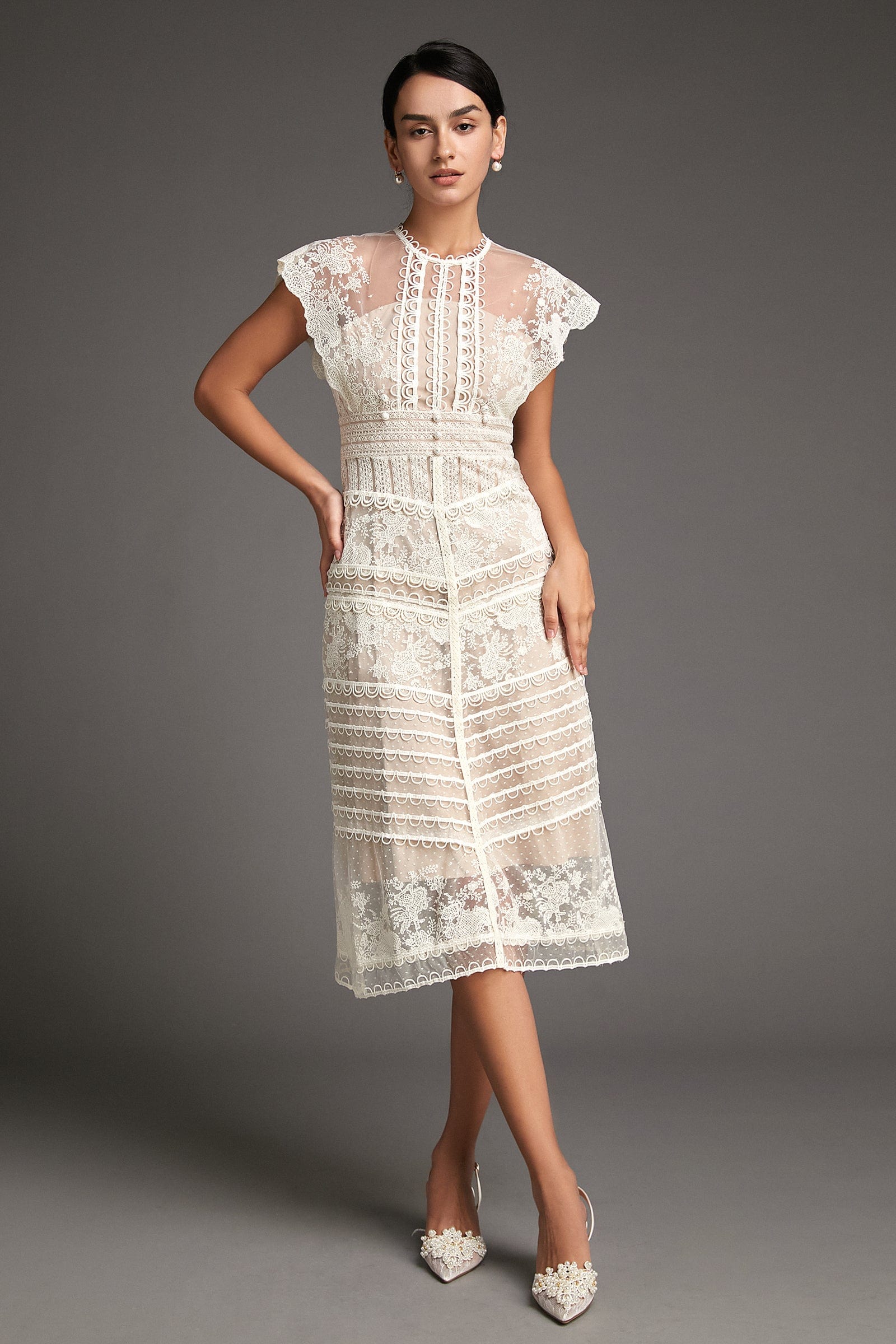 White Lace Scallop-Edge Cap Sleeve Midi Dress