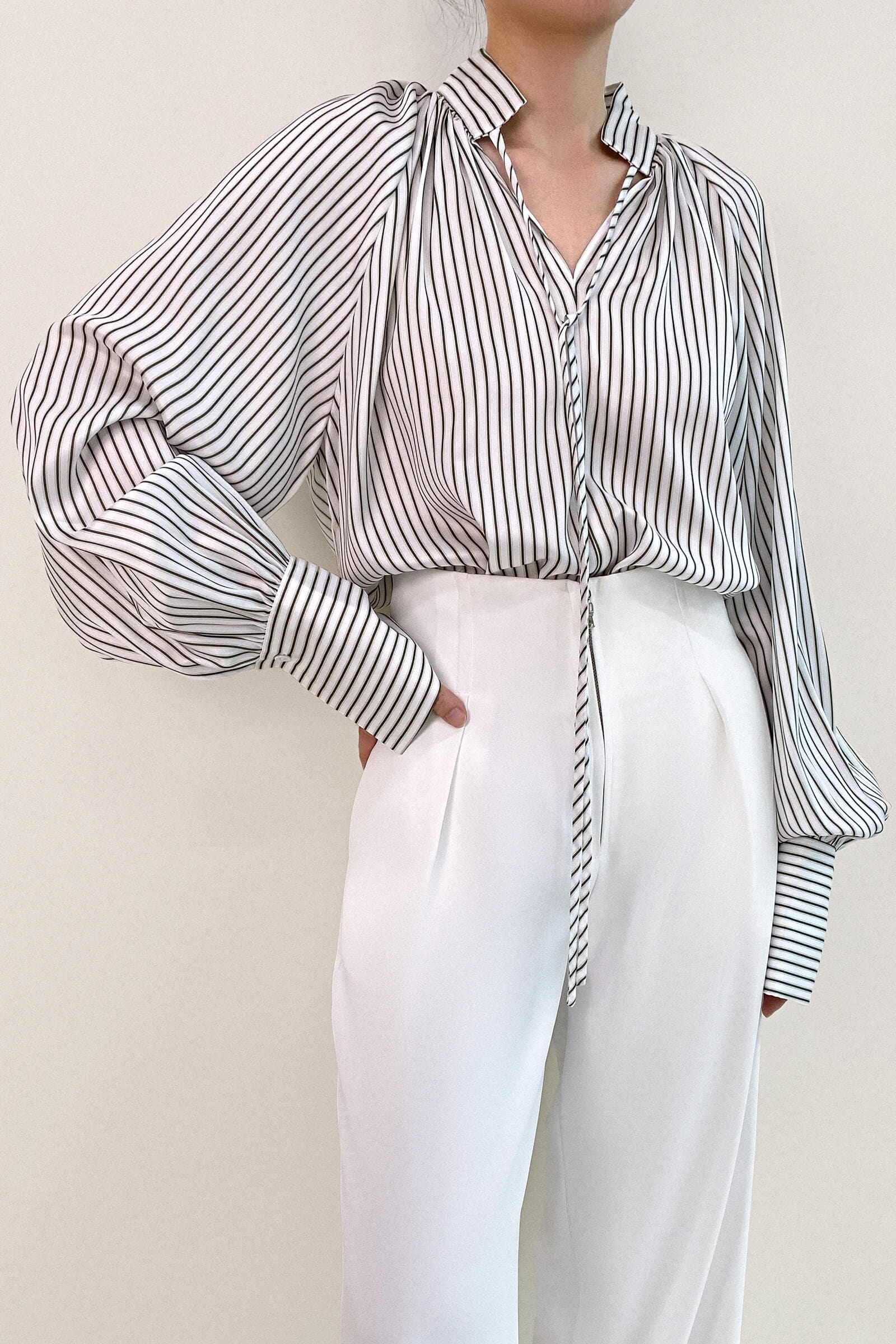 White High Neck Tie Detail Striped Blouse