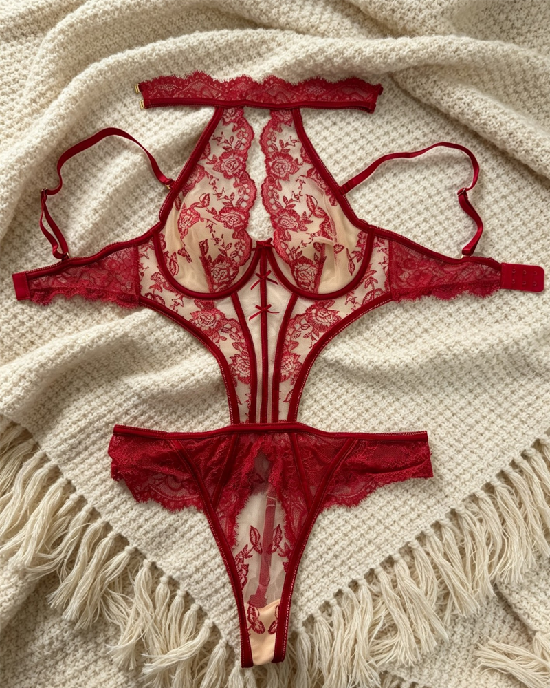 Embroidered Mesh Underwire Backless Bodysuit
