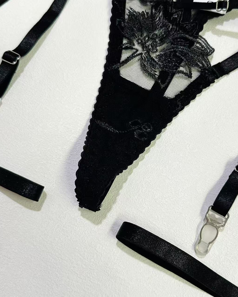 Embroidered Cutout Rhinestone Heart Halter Lingerie Set
