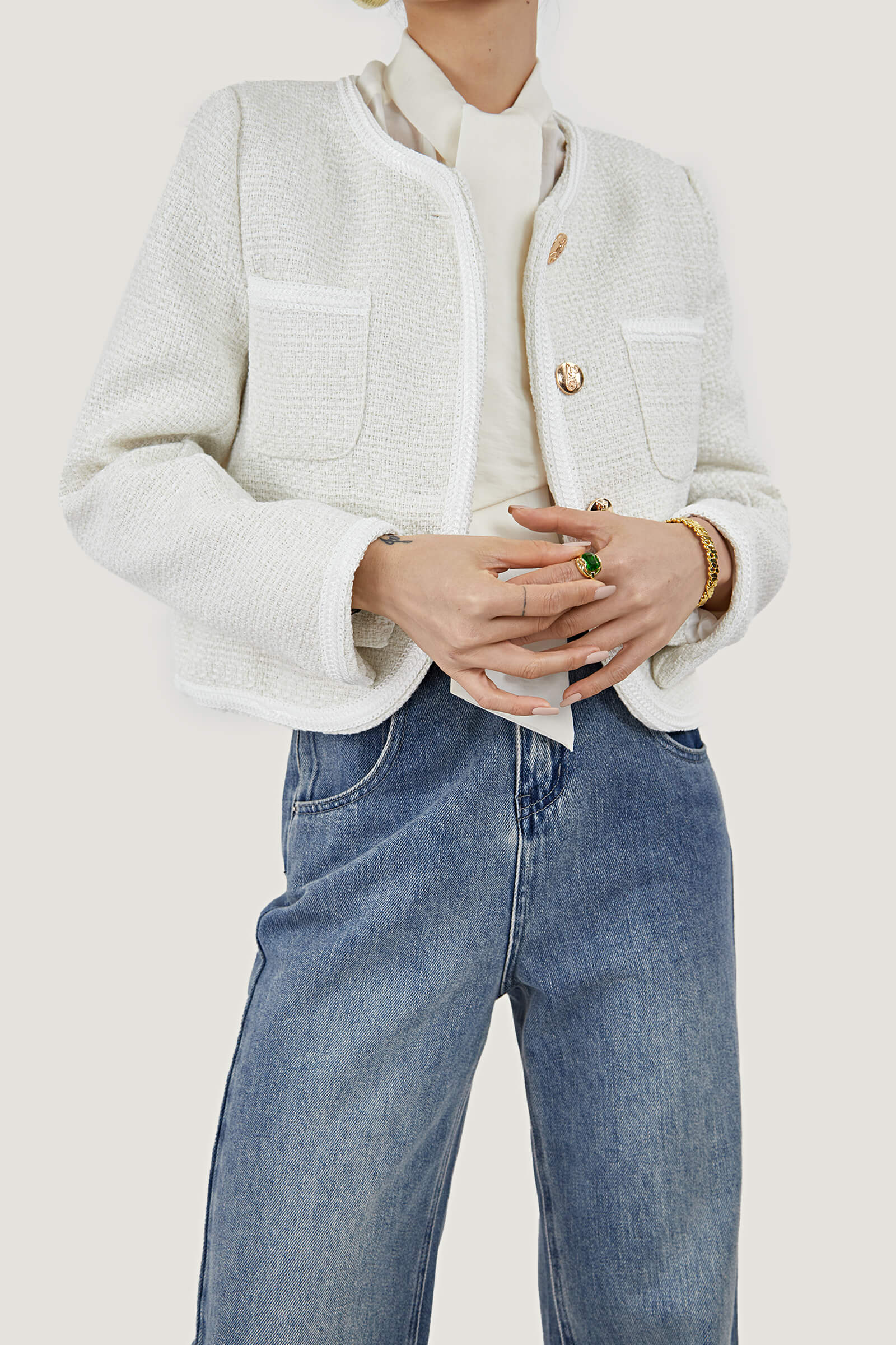 White Frenchy Button Front Detail Tweed Jacket