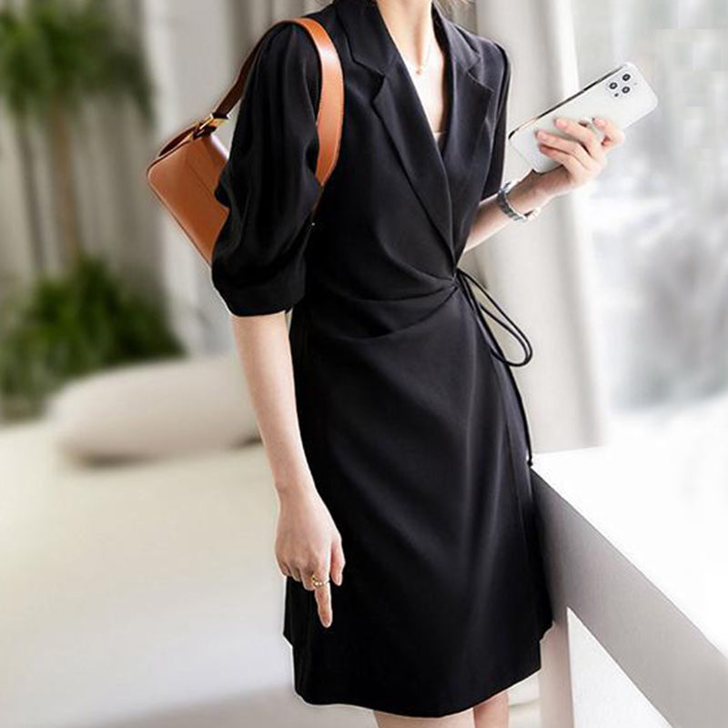 Black Khaki Wrap Front Tie Side Blazer Dress