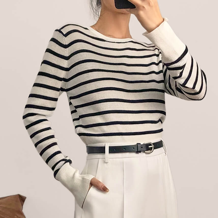 White Appliqued Striped Wool-Blend Sweater