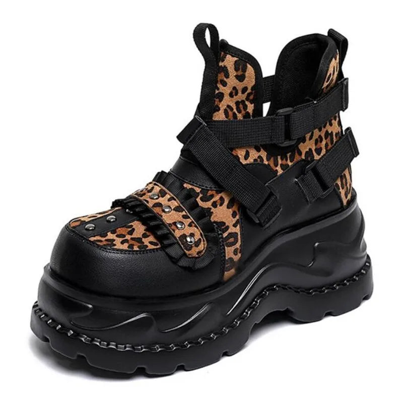 8CM High Leopard Lace Platform Ankle Boots
