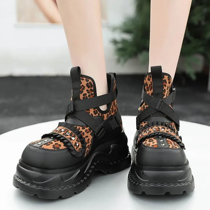 8CM High Leopard Lace Platform Ankle Boots