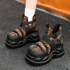 8CM High Leopard Lace Platform Ankle Boots