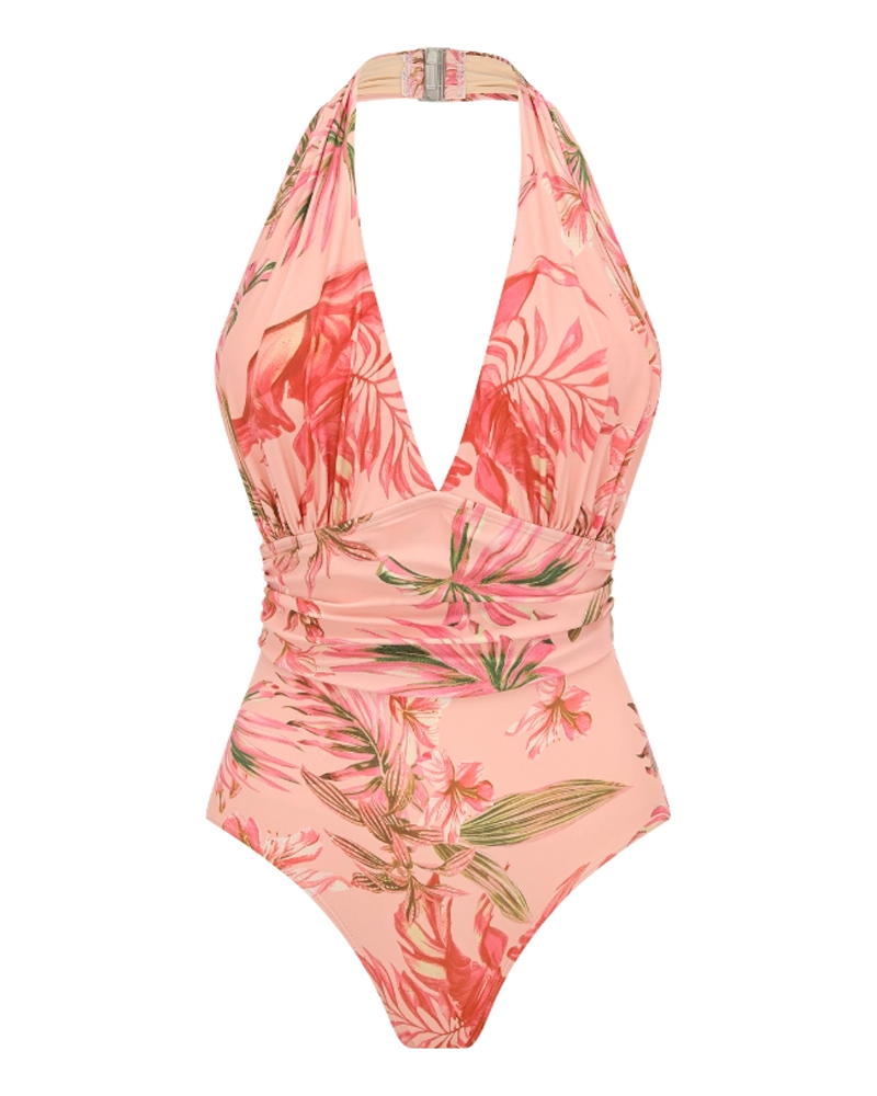 Pink Lily Print Swimsuit Set