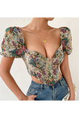 Vintage Floral Embroidered Puff Sleeve Crop Top