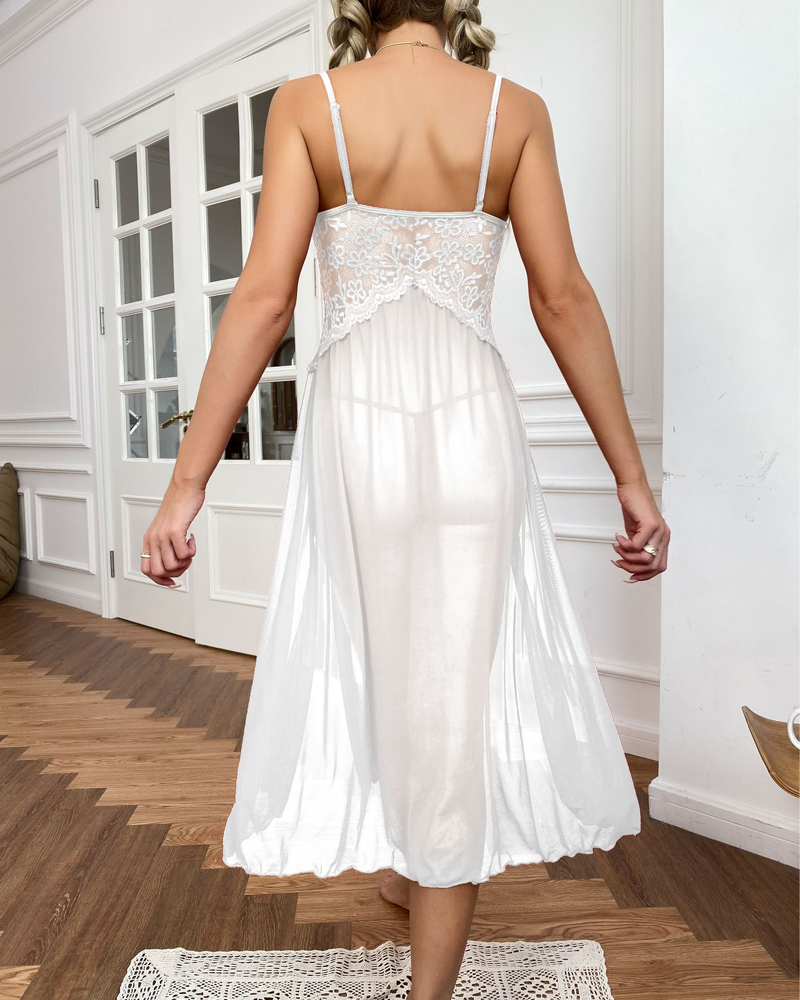 Sheer Mesh Deep V-Neck Lace Side Slit Slip Dress