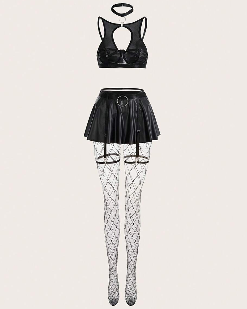 Cutout Faux Leather Mini Skirt Lingerie Set