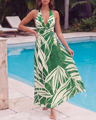 Elegant Green Botanical Print Swimsuit Set
