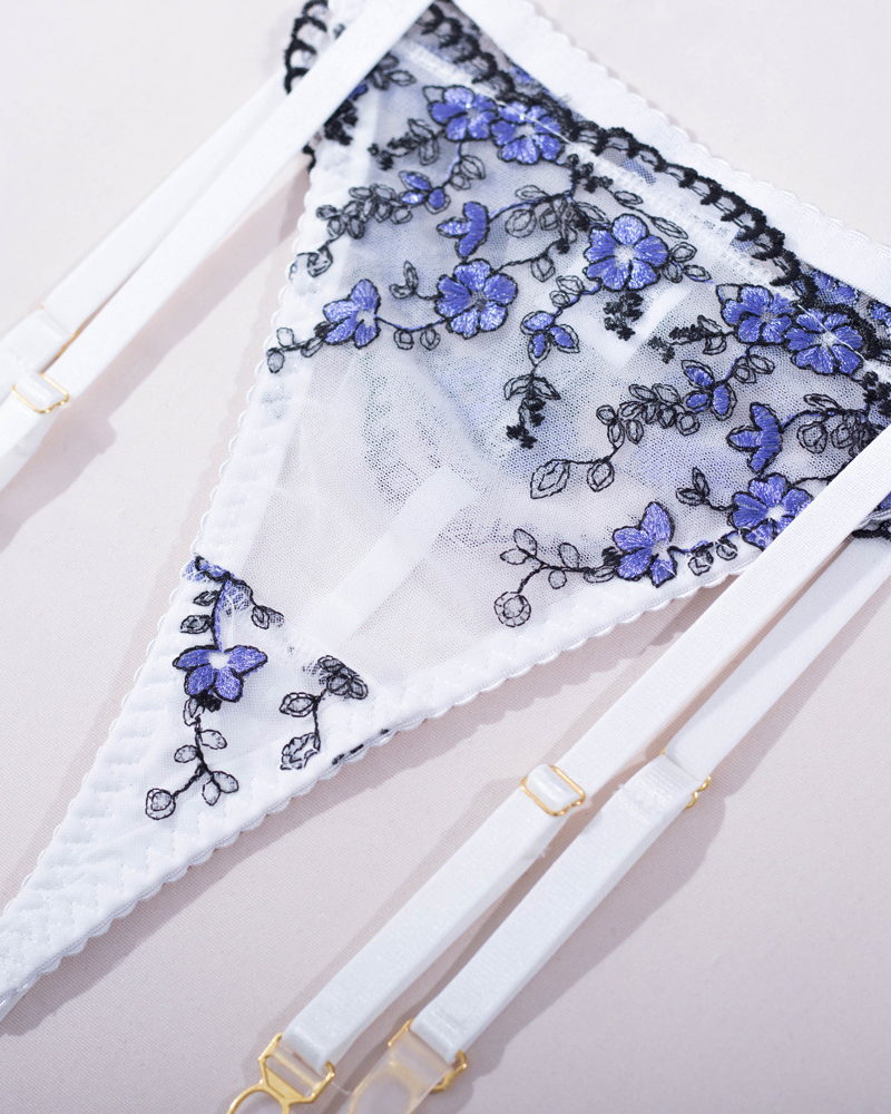 Velvet Rose Floral Embroidered Sheer Mesh Lingerie Set