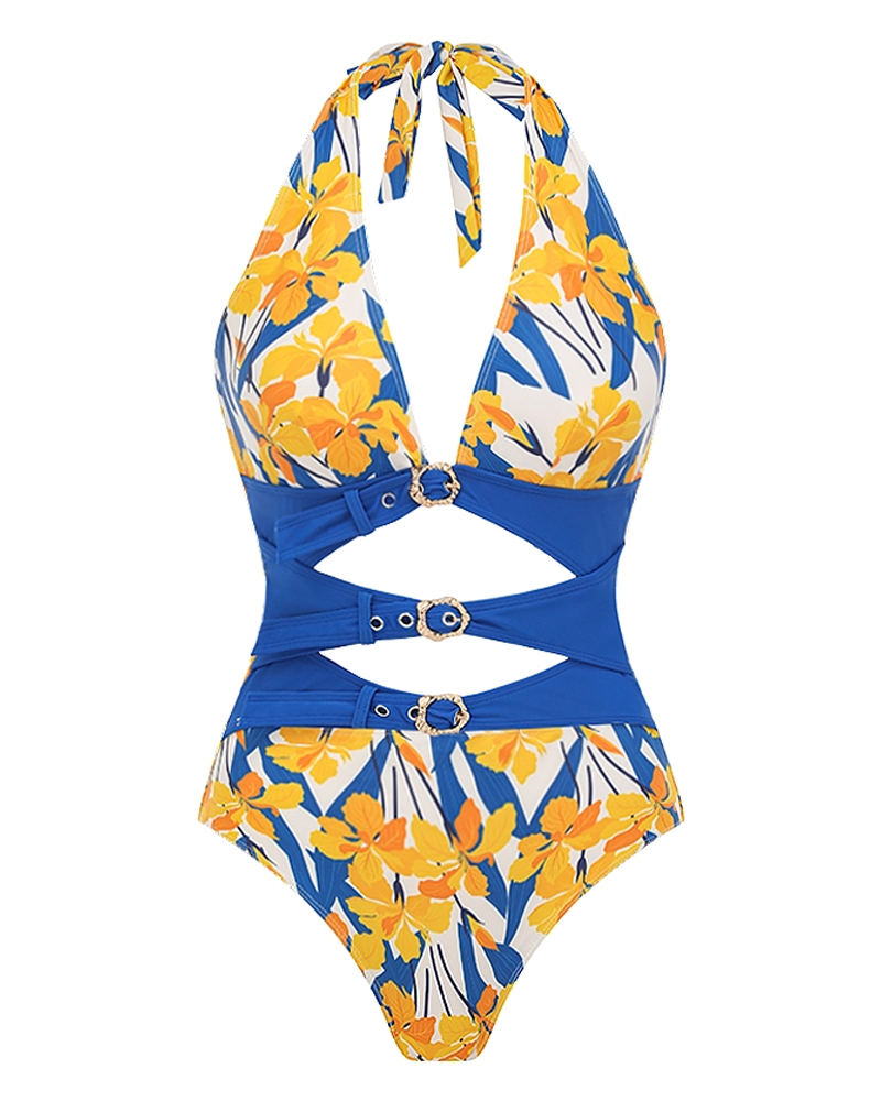 Iris Print Cut-out Swimsuit set