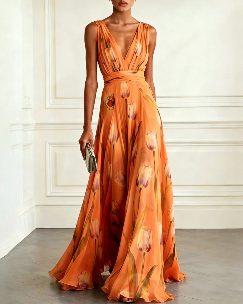 Tulip Print Chiffon Sleeveless V-Neck Maxi Dress