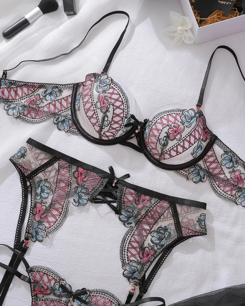 Floral Embroidered Lace Lingerie Set